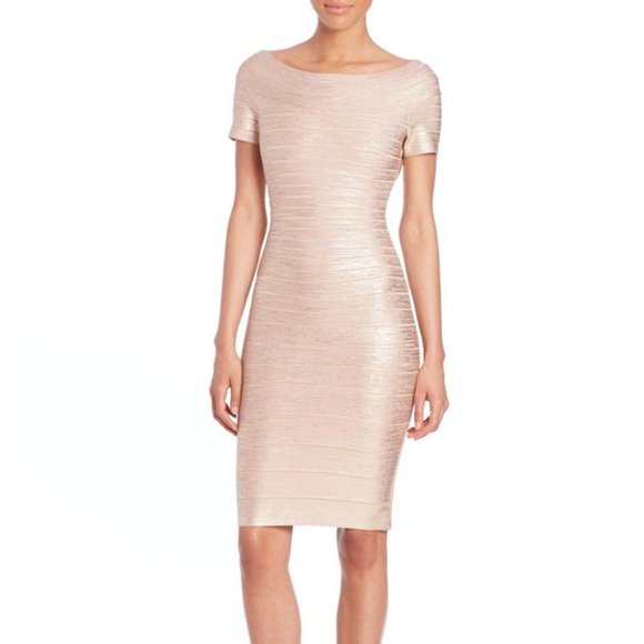 Herve Leger Carmen Off Shoulder Rose Gold Dress - Picture 3 of 7